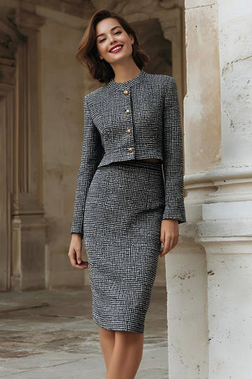Grey Mix Tweed Pencil Single Breasted 2 Piece Midi Work Dress